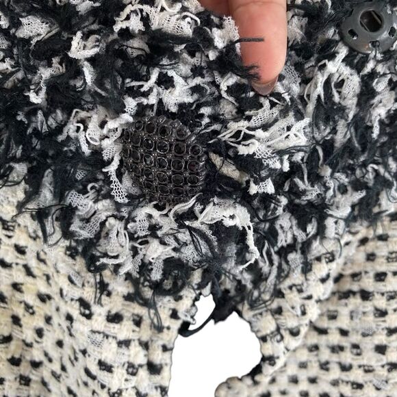 St. John Women’s 10 Fringe Trim‎ Boucle Tweed Blazer Overcoat Cream Black Artsy - Picture 8 of 11